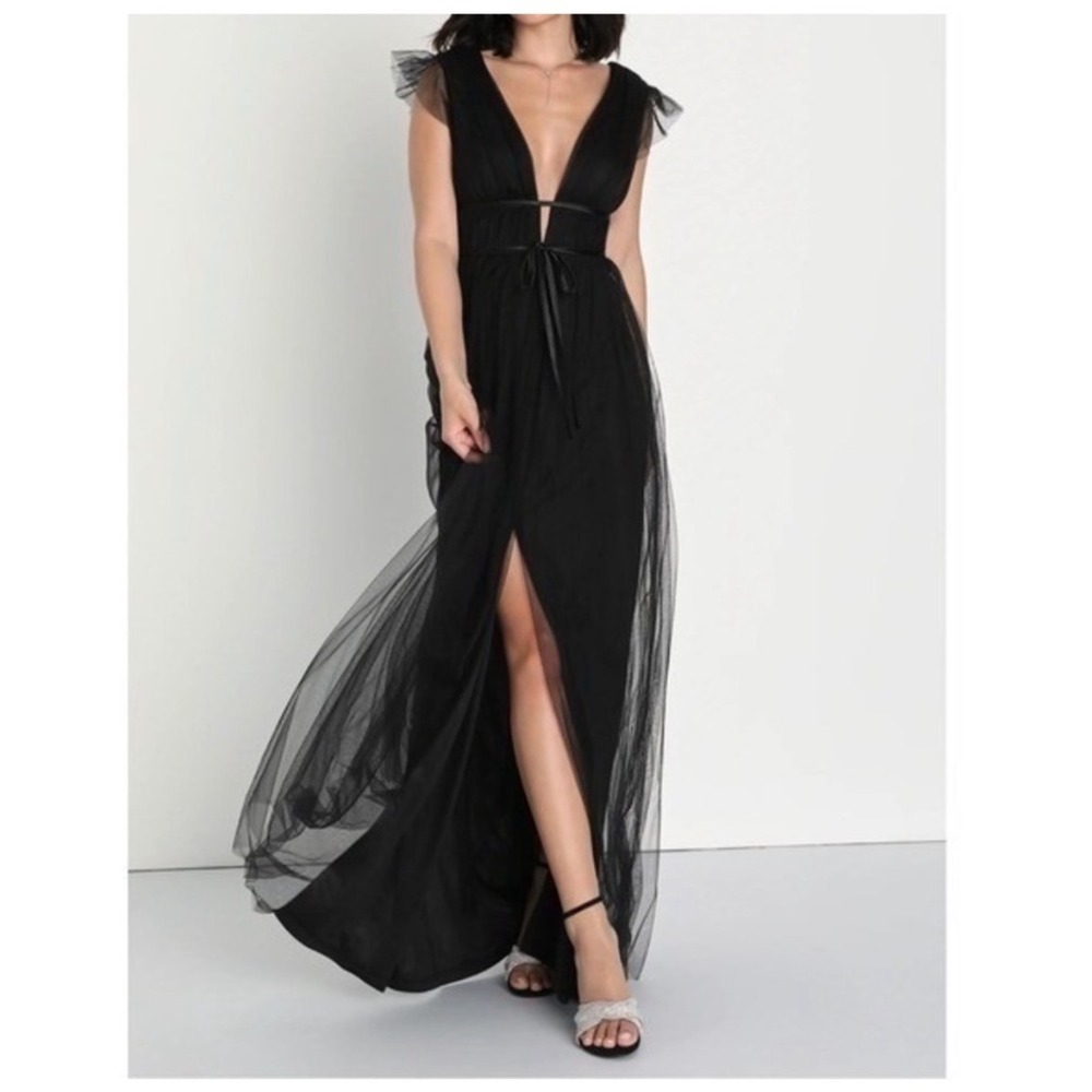 NWT Lulus I'm All Yours Black Tulle Ruffled Maxi Dress Medium Grunge Goth